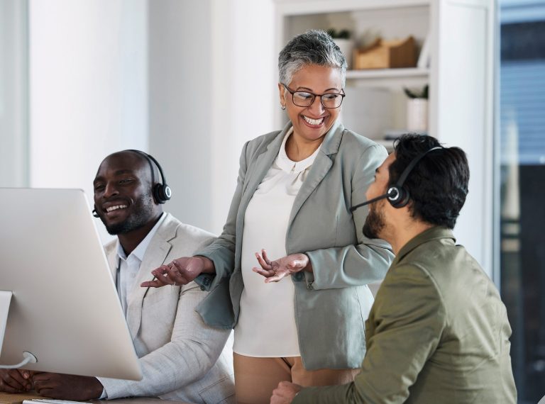 Business people, call center and CEO mentor coaching staff for telemarketing or customer service at.