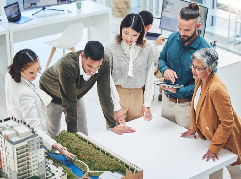 Creative people, real estate and meeting with 3d model for building design, architecture or propert.